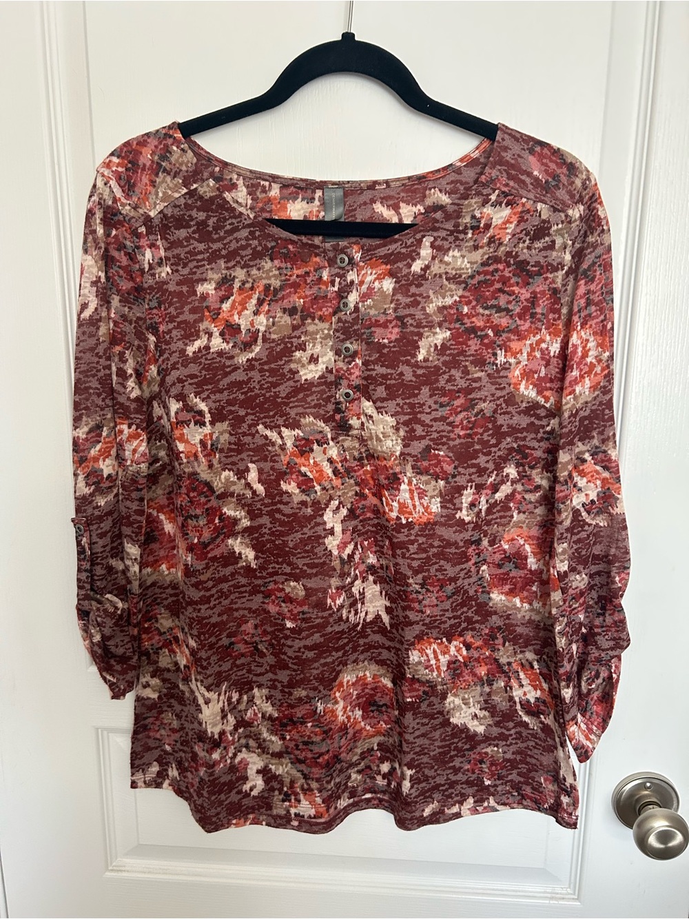 Denver Hayes Maroon Floral Henley Blouse